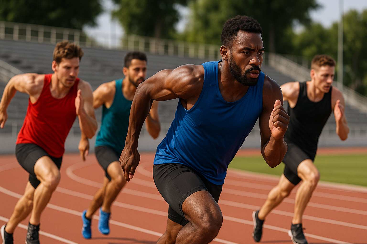 Corredores profissionais em pista de atletismo, com foco em ação, esforço físico e expressões de concentração ou determinação.