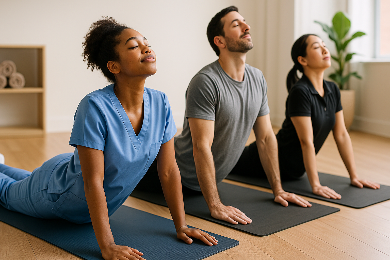 Profissionais que trabalham em pé praticando pilates em estúdio