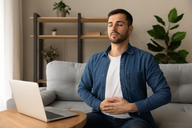 Homem sentado no sofá com olhos fechados, respirando profundamente, ao lado de um notebook, simbolizando controle da ansiedade no trabalho