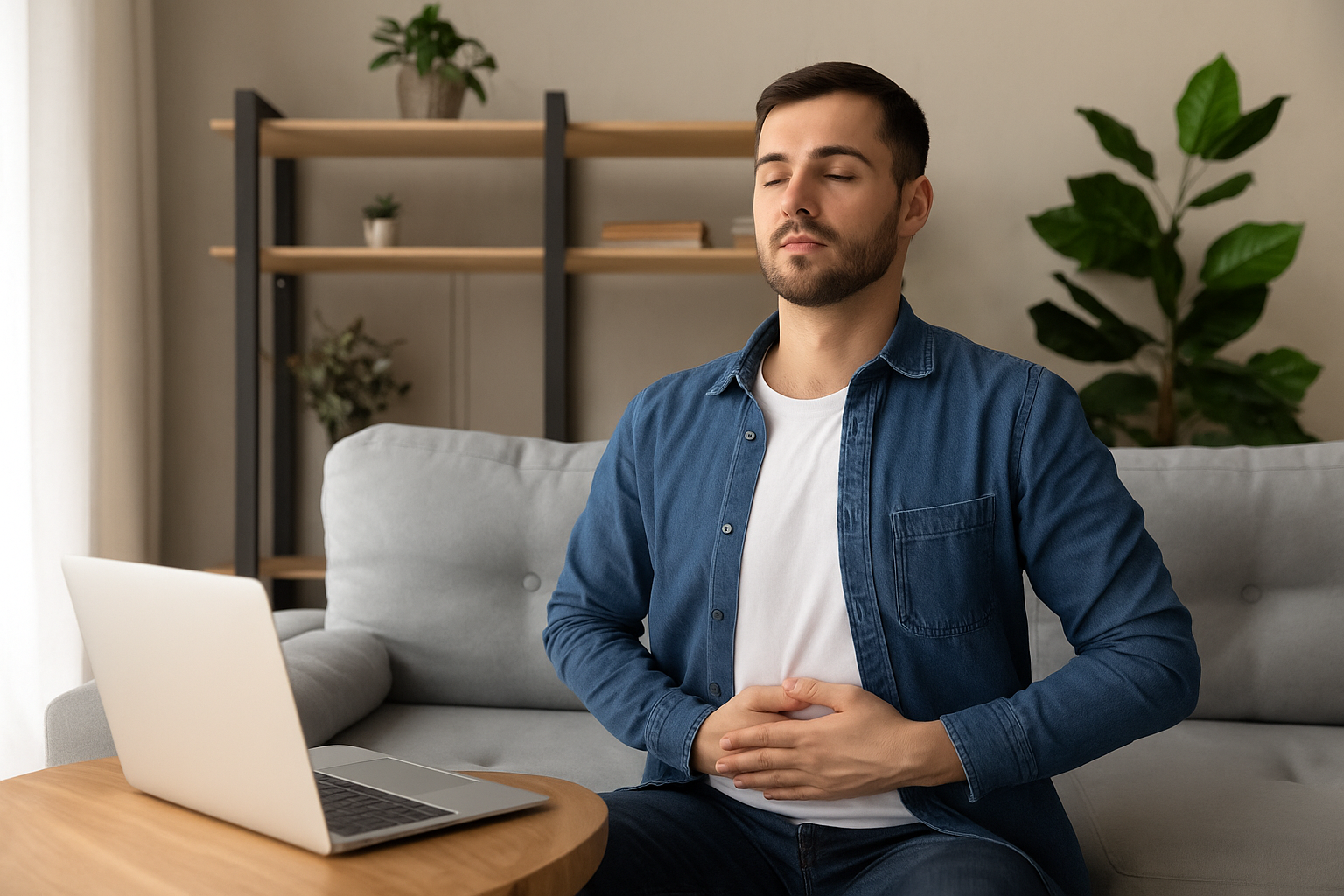 Homem sentado no sofá com olhos fechados, respirando profundamente, ao lado de um notebook, simbolizando controle da ansiedade no trabalho