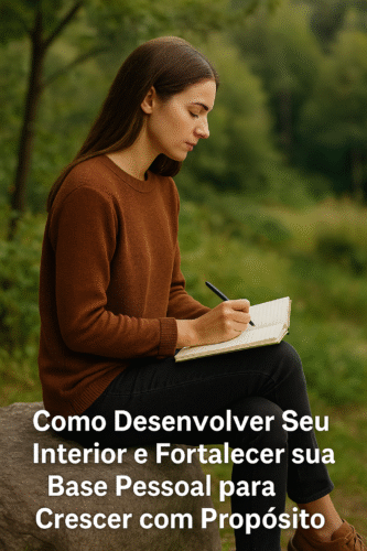 Mulher sentada ao ar livre escrevendo em caderno com expressão serena, simbolizando autoconhecimento e desenvolvimento interior