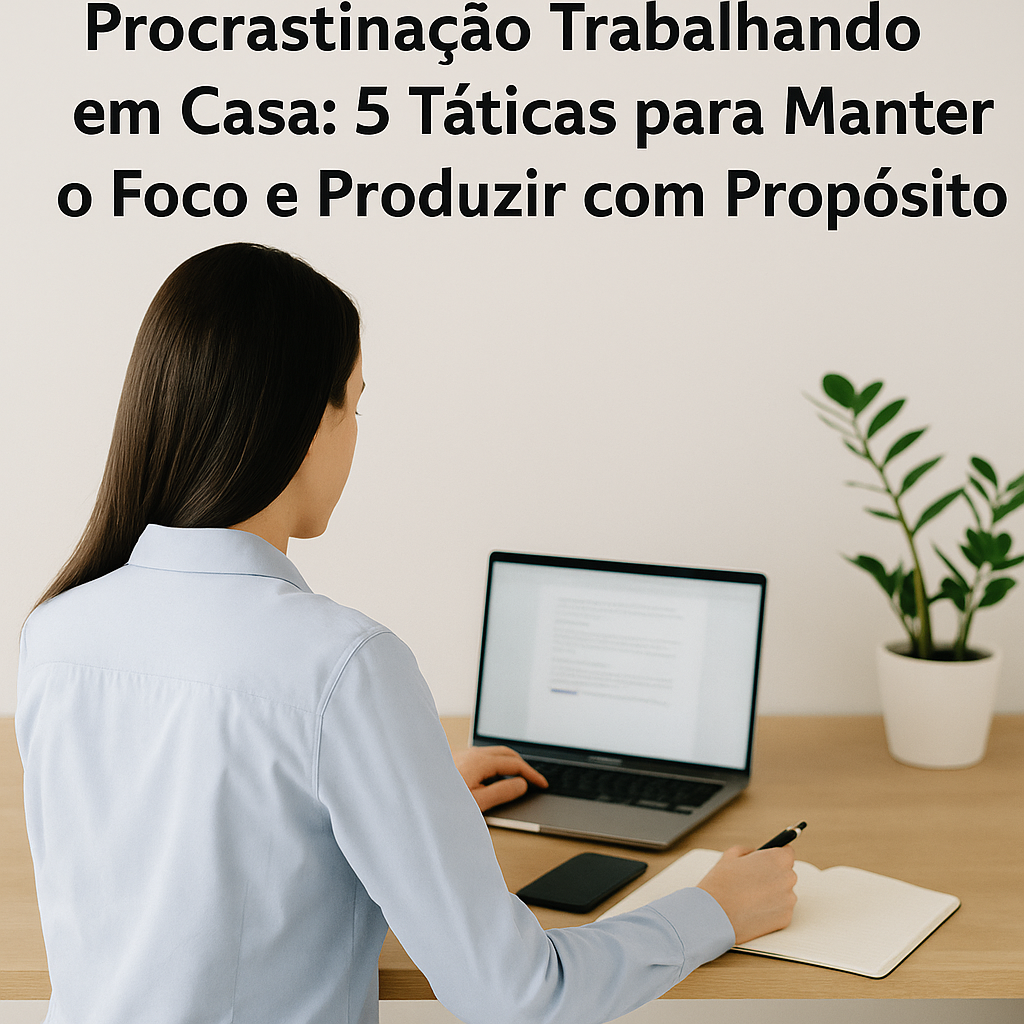 Mulher trabalhando em home office com notebook, caderno e celular desligado, simbolizando foco e produtividade
