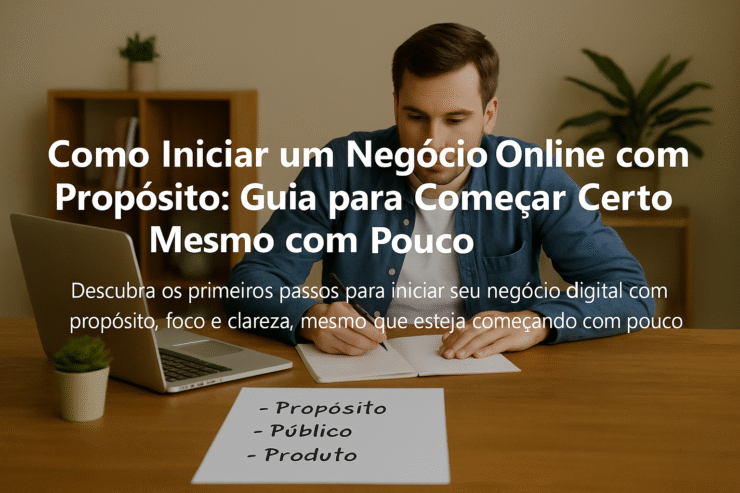 Homem escrevendo em caderno com notebook aberto, anotando palavras como propósito, público e produto
