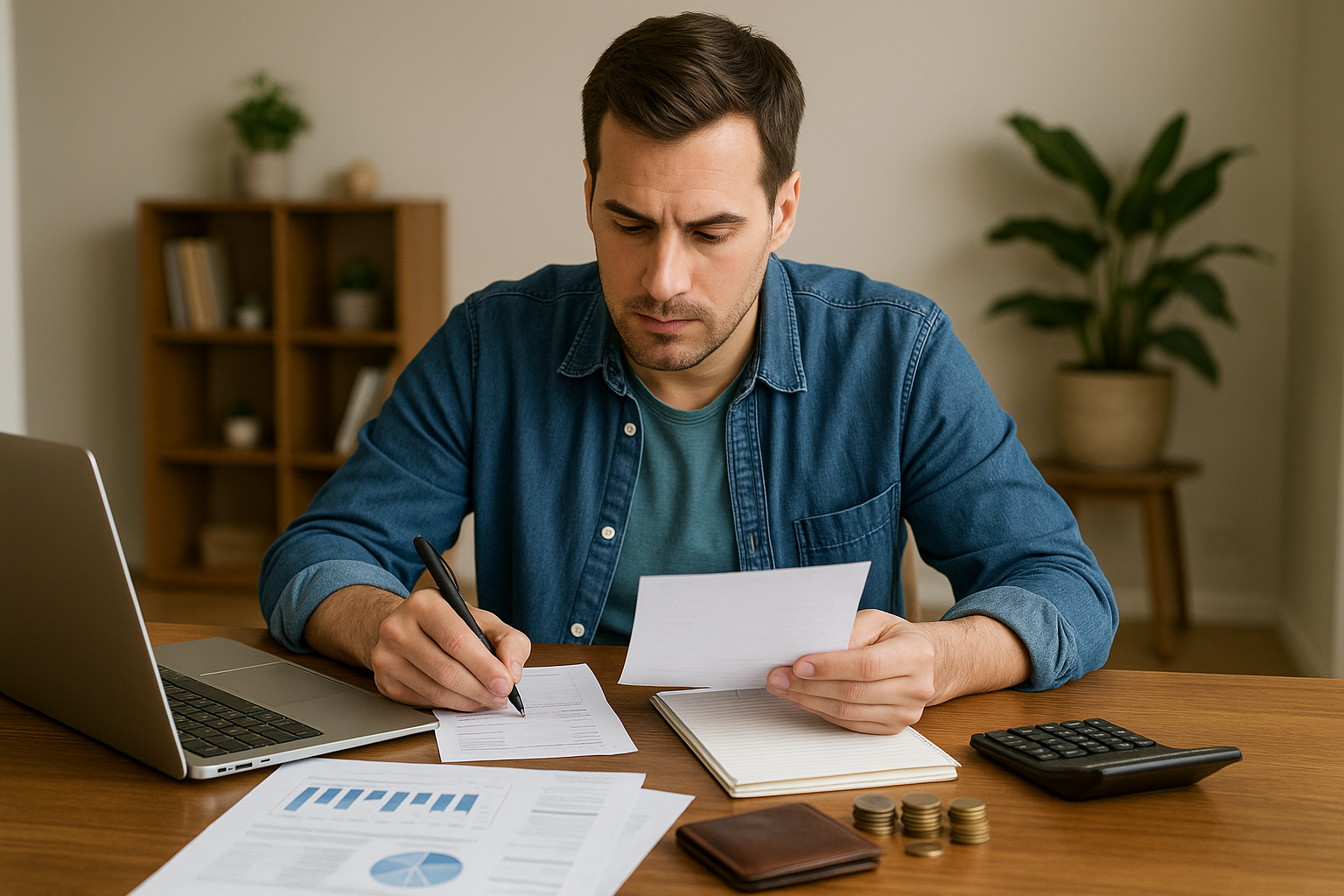 Homem organizando documentos financeiros em casa, representando o início da organização da vida financeira com propósito.