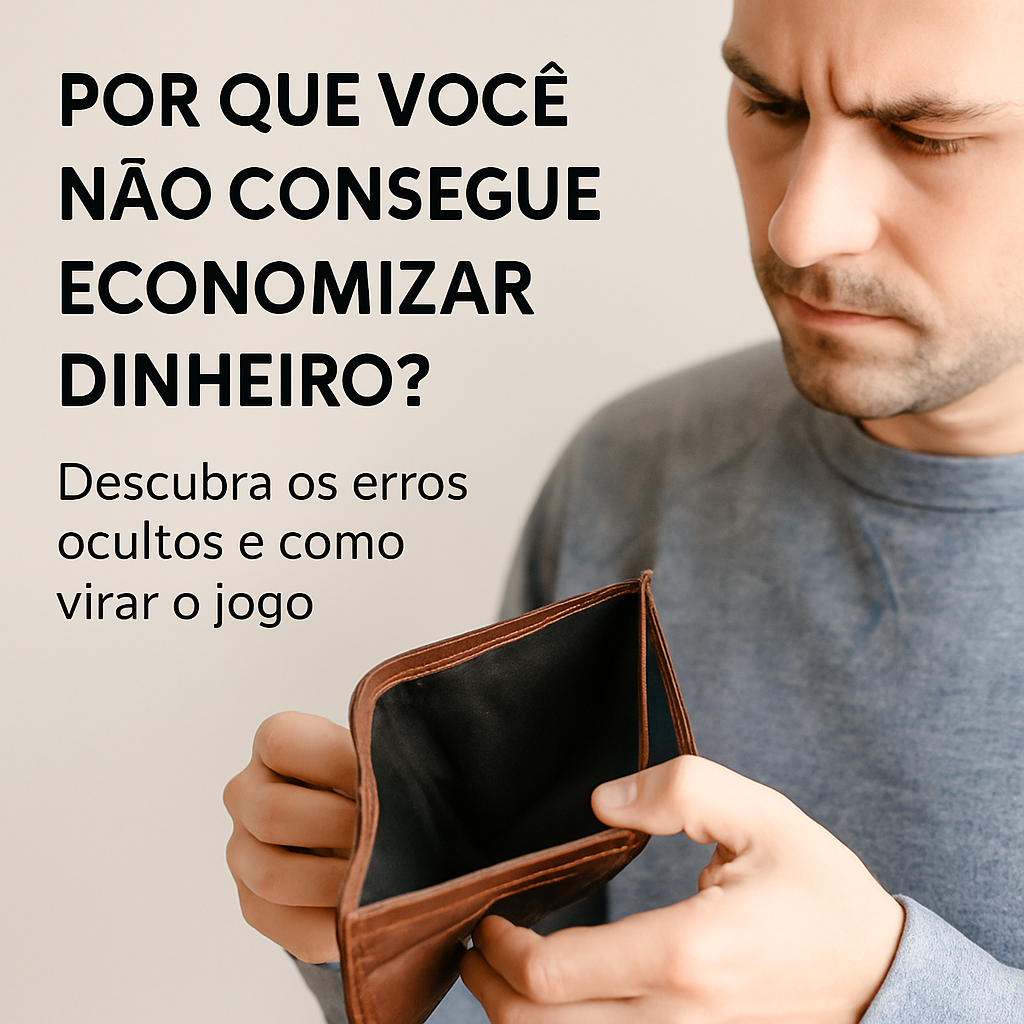 Homem preocupado olhando para carteira vazia, representando a dificuldade de economizar dinheiro no dia a dia