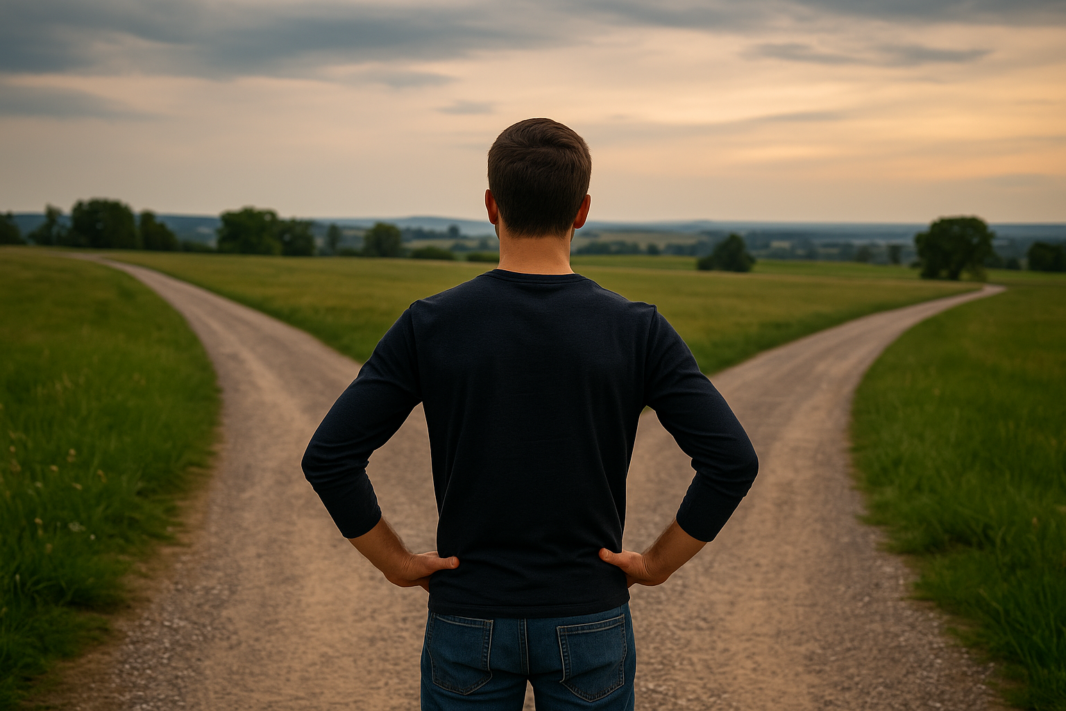 Homem parado em uma encruzilhada, refletindo sobre qual caminho seguir, representando uma decisão empreendedora com propósito