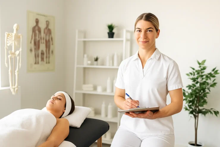 Profissional de massoterapia sorridente preenche prontuário enquanto cliente relaxa em maca, em ambiente terapêutico e organizado.