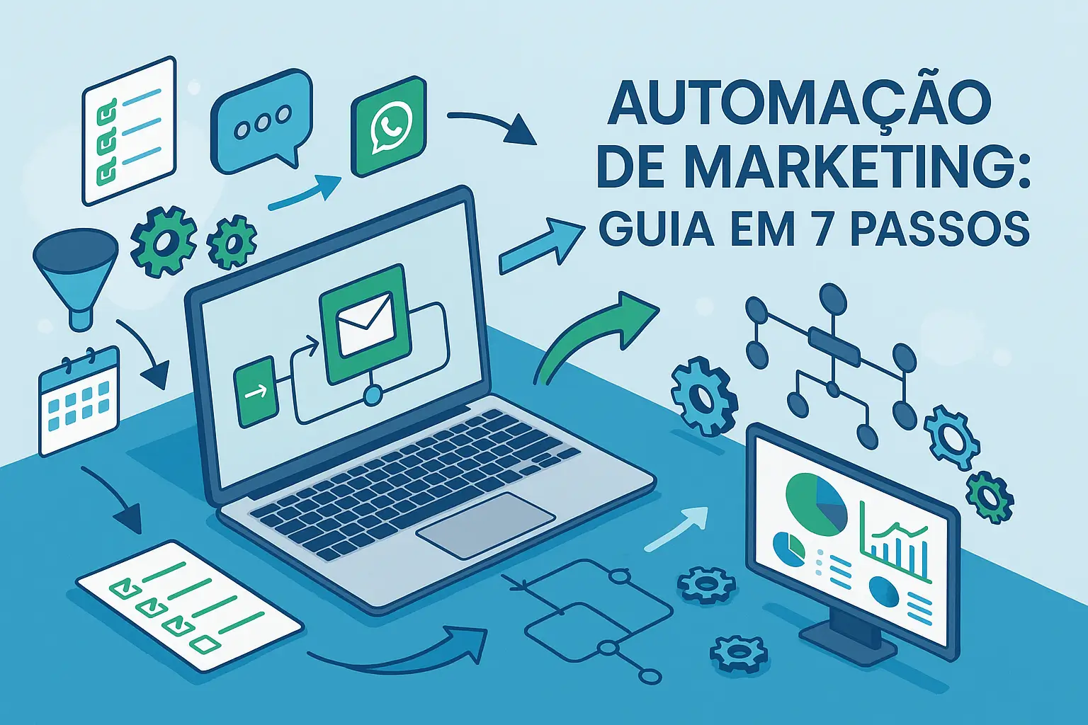 Ilustração flat de automação de marketing com laptop exibindo fluxograma, funil, engrenagens, setas e dashboard em monitor — conceito “guia em 7 passos”.