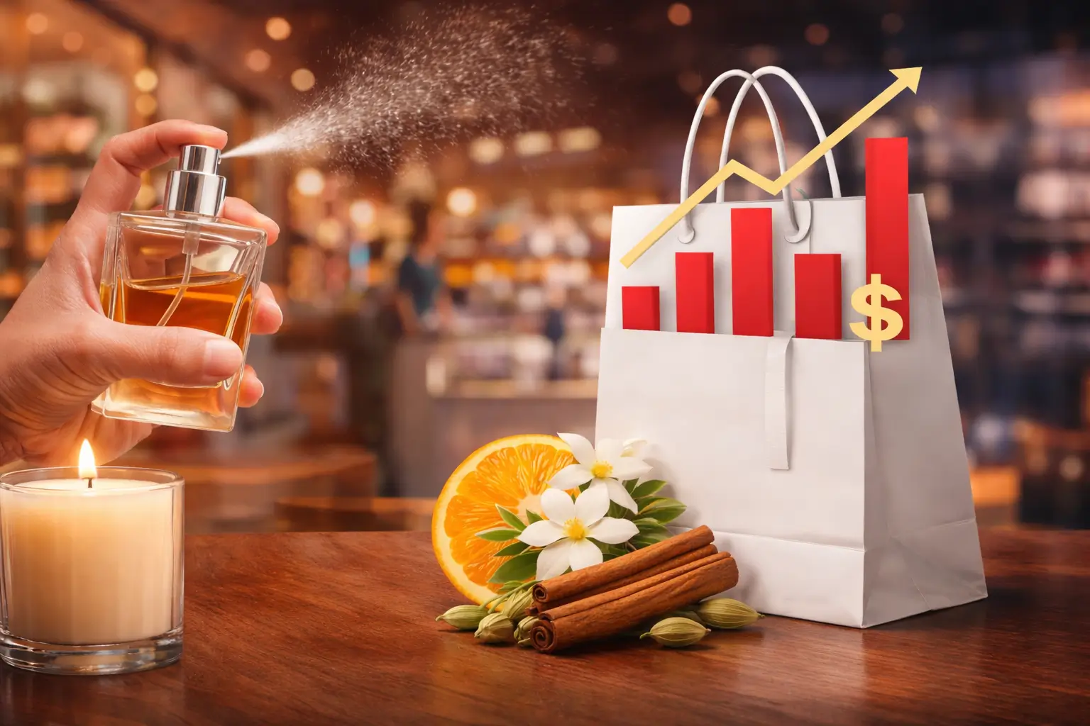 Cenário realista de marketing olfativo com spray de perfume, vela aromática e sacola de compras com gráfico de crescimento.