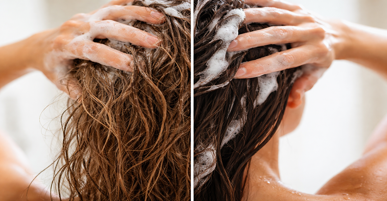 Shampoo antirresíduo sendo aplicado no cabelo durante lavagem para limpeza profunda dos fios