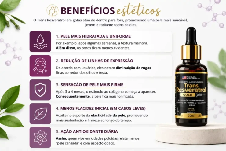 trans resveratrol gota, benefícios do trans resveratrol, antioxidante natural, pele mais firme, redução de rugas, hidratação da pele, envelhecimento saudável, ação antioxidante, elasticidade da pele, trans resveratrol gold gotas