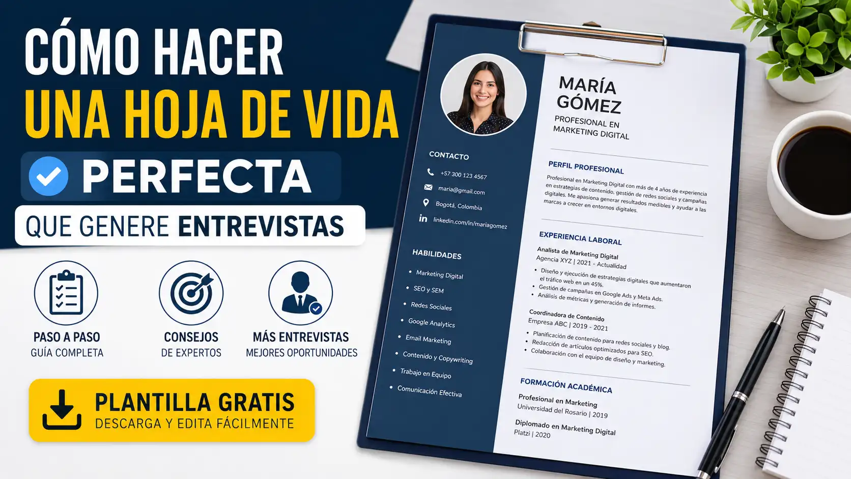 Modelo de hoja de vida profesional exibido em uma prancheta sobre uma mesa, acompanhado de ícones informativos e destaque para dicas de currículo que ajudam a conseguir mais entrevistas de emprego.