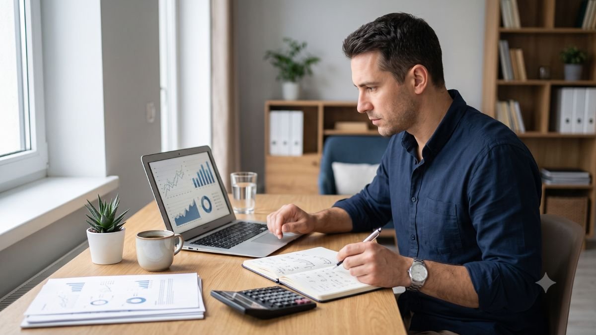 Pessoa analisando gráficos e informações financeiras antes de investir
