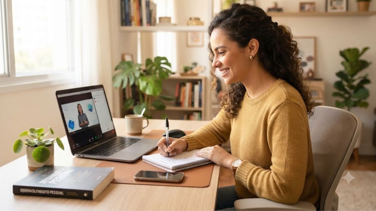 Cursos online para desenvolvimento profissional com estudante acompanhando uma aula no notebook
