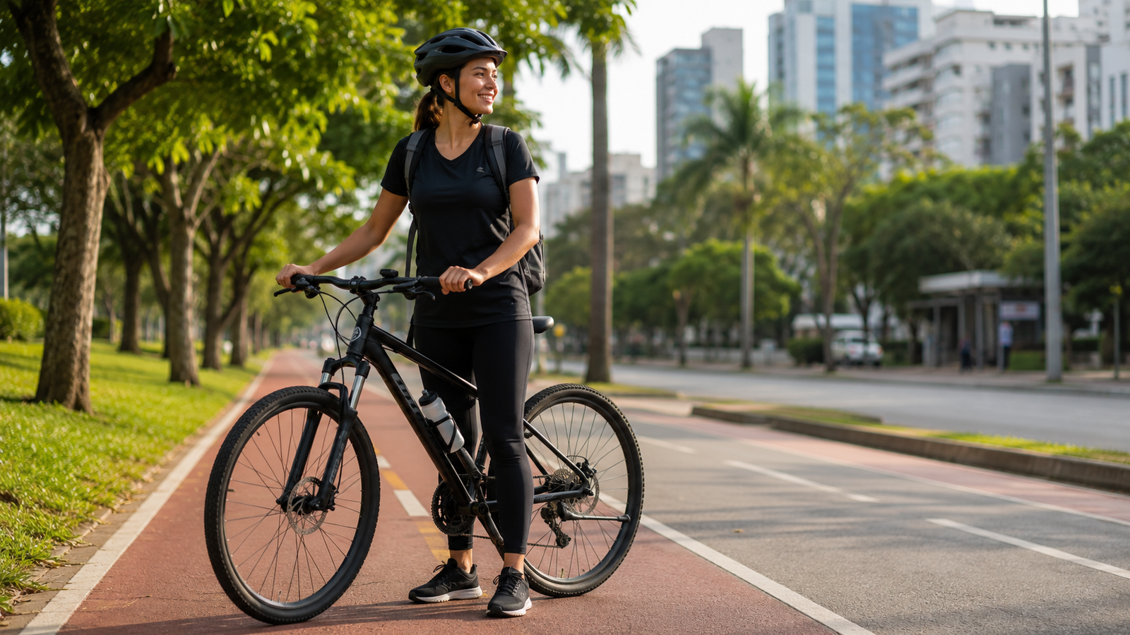 Pessoa começando a pedalar com bicicleta em ambiente urbano