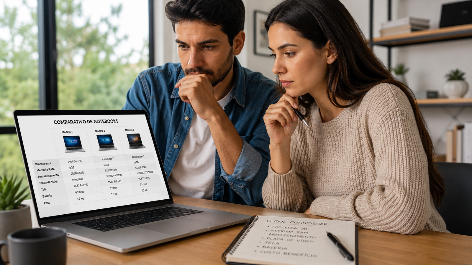 Pessoas analisando informações para escolher o notebook ideal