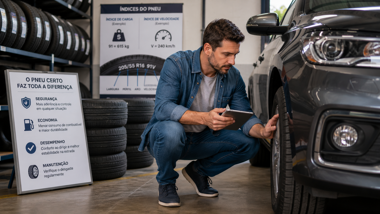 Motorista pesquisando informações antes de trocar os pneus do carro