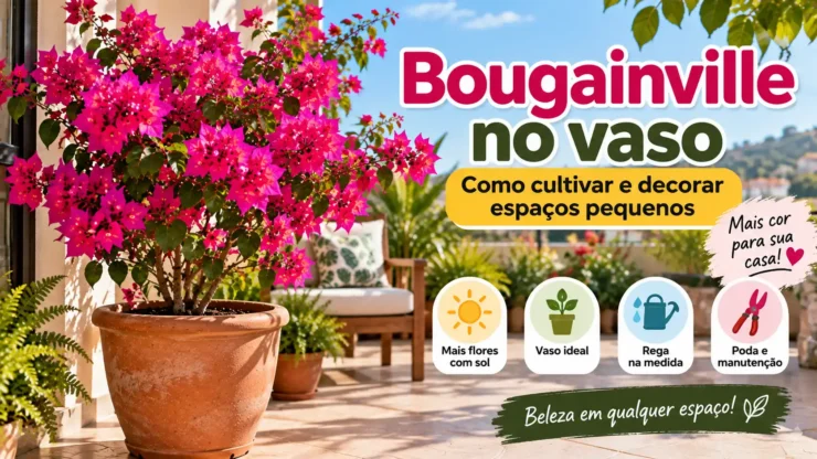 Bougainville no vaso com flores rosas em terraço ensolarado