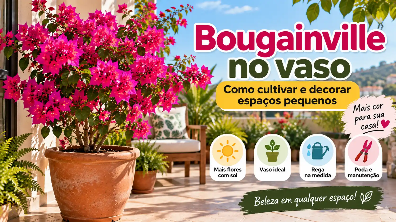 Bougainville no vaso com flores rosas em terraço ensolarado