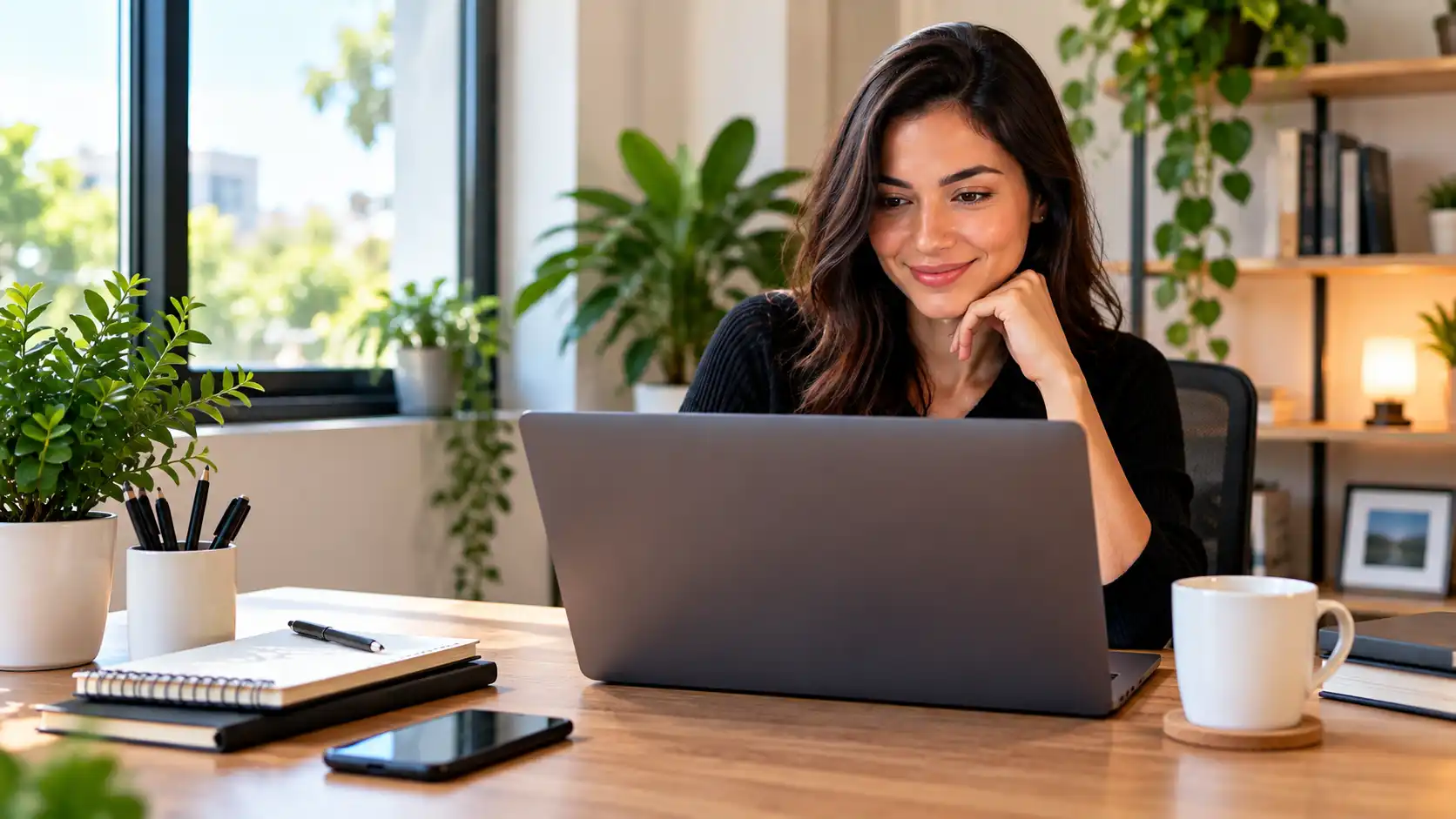 Mulher trabalhando em home office com notebook em ambiente organizado