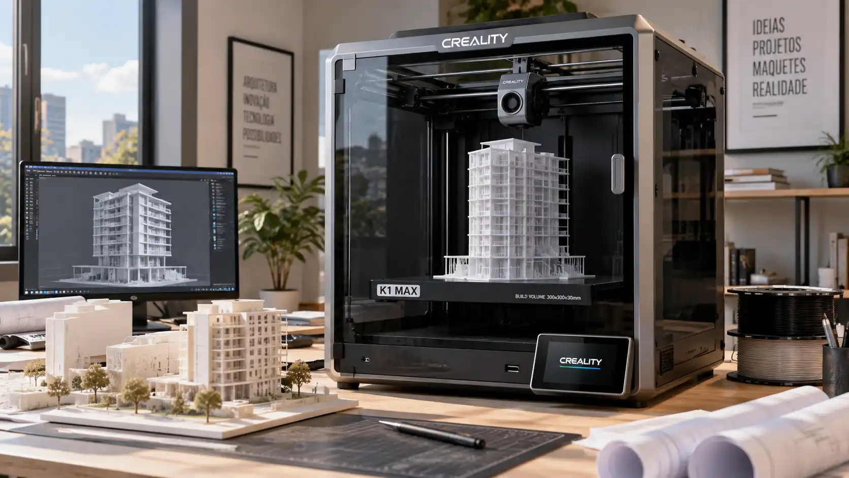 Impressora 3D Creality K1 Max criando maquete arquitetônica
