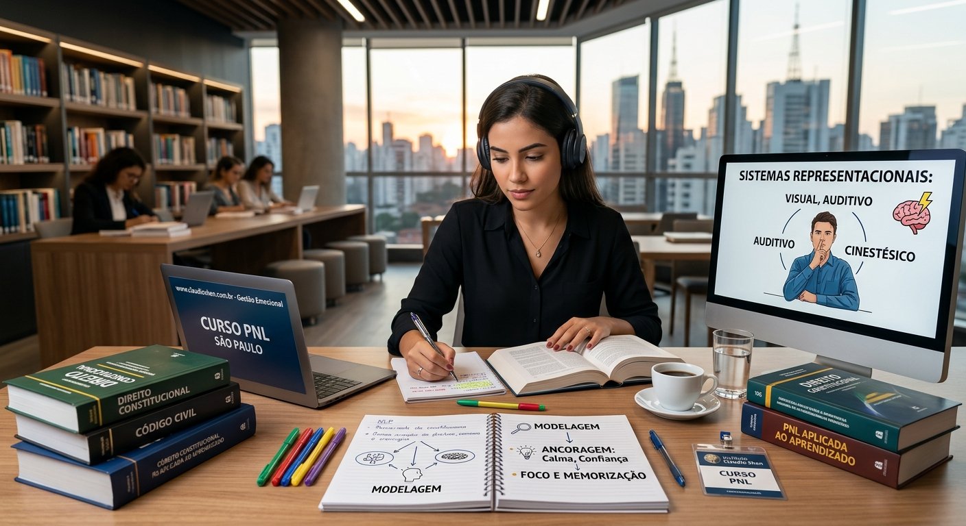 Estudante aplicando técnicas de foco e PNL para exames