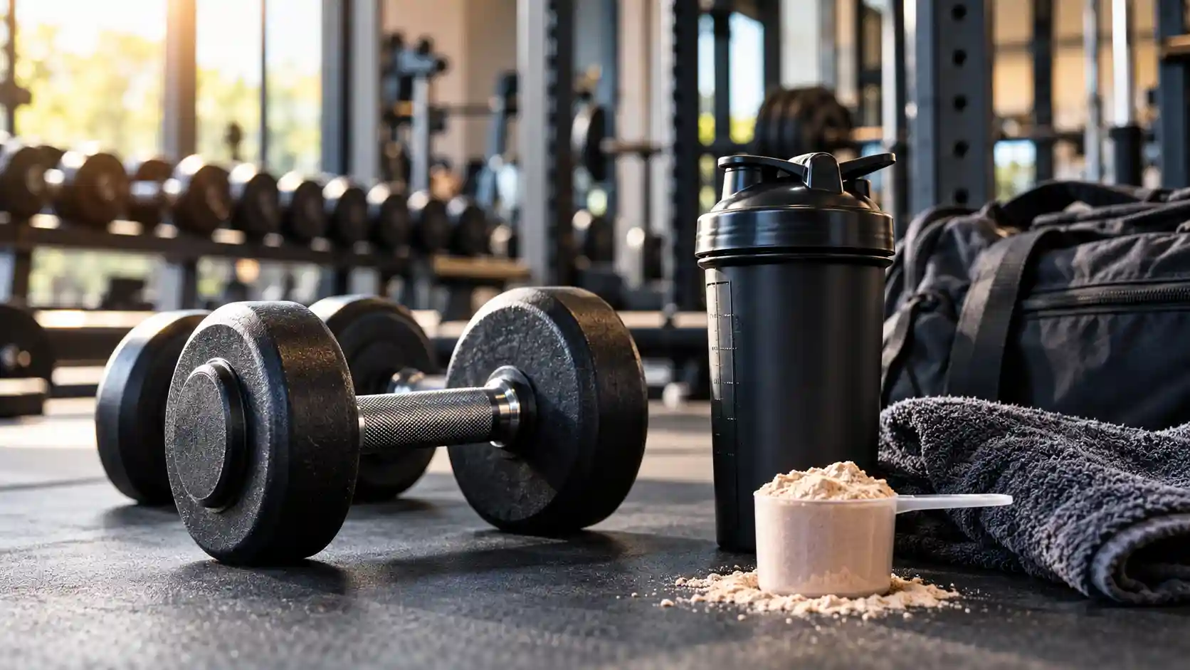 Halteres e acessórios de treino em academia para ilustrar conteúdo sobre GHDROL, suplementos e ganho de massa muscular.