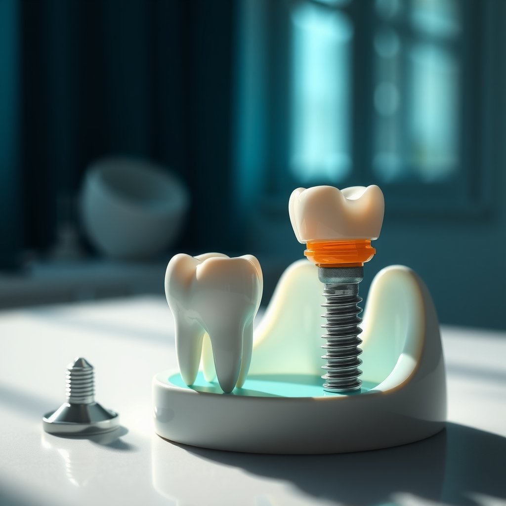 Modelo de dente e implante odontológico sobre uma mesa clara, com luz suave de janela